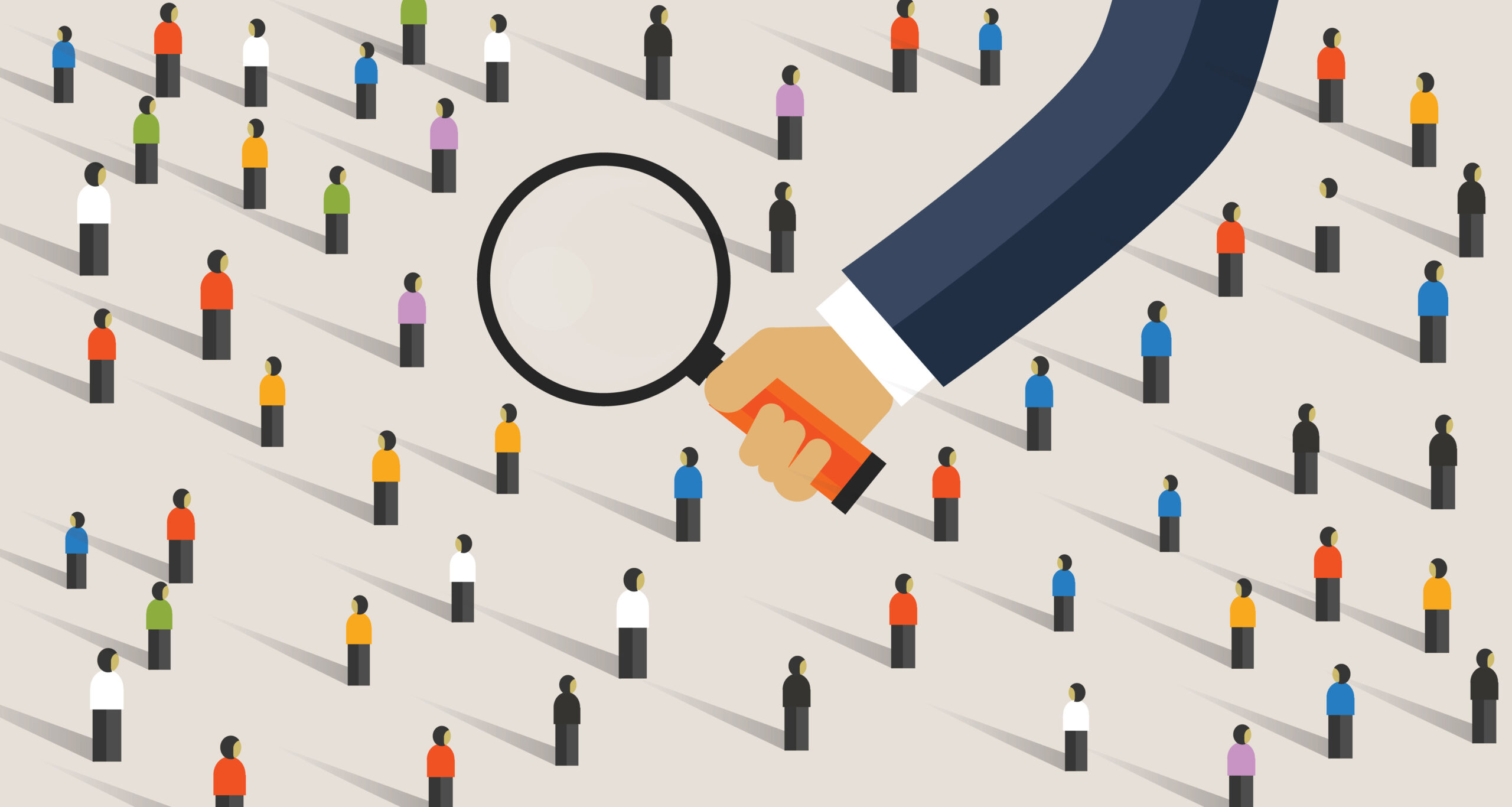 Hand holding a magnifying glass on a crowd. Concept art for finding the right hire.